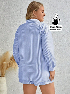 Conjunto Listrado Camisa Longa Com Short Conforto Plus Size Conjunto Listrado Camisa Longa Com Short Conforto Plus Size