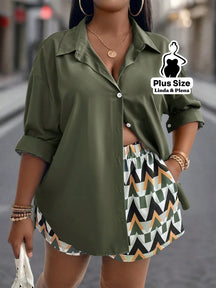 Conjunto Listrado Camisa Longa Com Short Conforto Plus Size Verde Militar / G Conjunto Listrado Camisa Longa Com Short