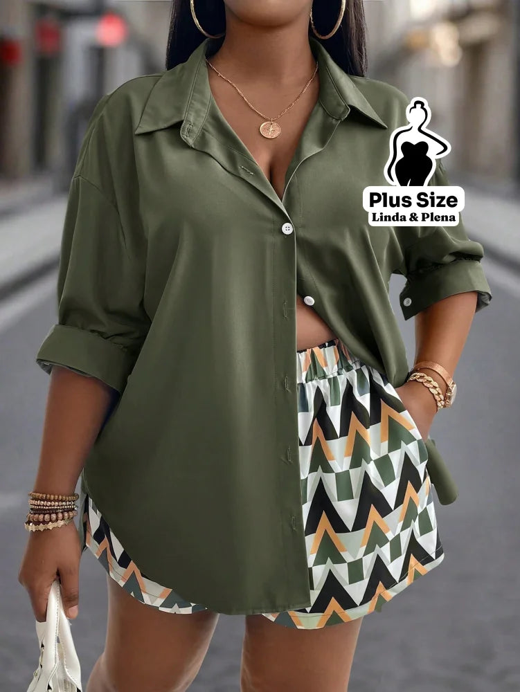 Conjunto Listrado Camisa Longa Com Short Conforto Plus Size Verde Militar / G Conjunto Listrado Camisa Longa Com Short