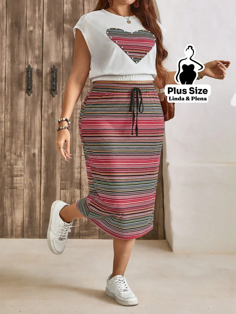 Conjunto Listrado com Blusa Coração e Saia Midi Plus Size Rosa e Branco / G Conjunto Listrado com Blusa Coração e Saia