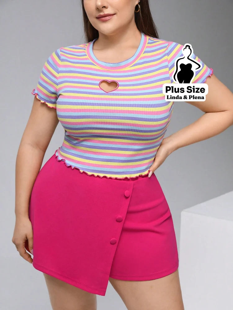 Conjunto Listrado Com Recorte Coração E Saia Curta Plus Size Rosa / G Conjunto Listrado Com Recorte Coração E Saia