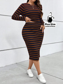 Conjunto Listrado Manga Longa Com Saia Justa Plus Size Marrom / G Conjunto Listrado Manga Longa Com Saia Justa Plus Size