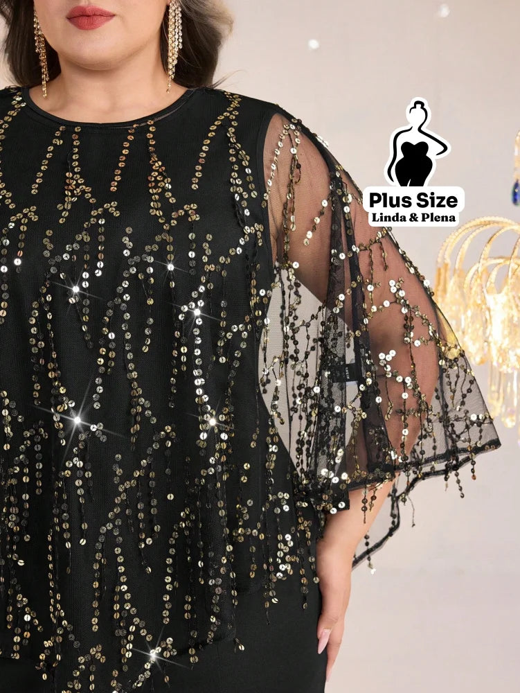 Conjunto Longo Com Capa De Tule E Brilho Elegante Plus Size Conjunto Longo Com Capa De Tule E Brilho Elegante Plus Size