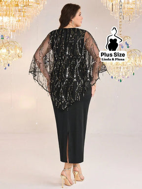 Conjunto Longo Com Capa De Tule E Brilho Elegante Plus Size Conjunto Longo Com Capa De Tule E Brilho Elegante Plus Size