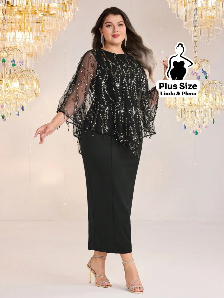 Conjunto Longo Com Capa De Tule E Brilho Elegante Plus Size Conjunto Longo Com Capa De Tule E Brilho Elegante Plus Size