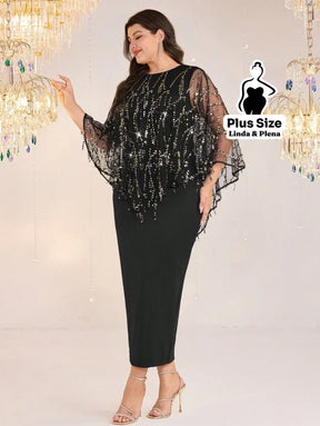 Conjunto Longo Com Capa De Tule E Brilho Elegante Plus Size Conjunto Longo Com Capa De Tule E Brilho Elegante Plus Size