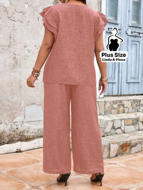 Conjunto Manga Babado Com Textura Delicada Plus Size Conjunto Manga Babado Com Textura Delicada Plus Size