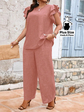 Conjunto Manga Babado Com Textura Delicada Plus Size Rosa Chiclete / G Conjunto Manga Babado Com Textura Delicada Plus