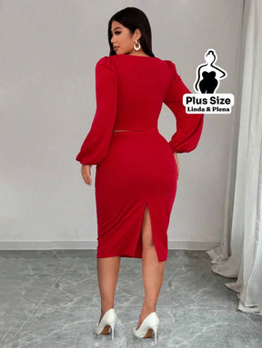 Conjunto Manga Bufante Com Brilhos E Saia Justa Plus Size Conjunto Manga Bufante Com Brilhos E Saia Justa Plus Size
