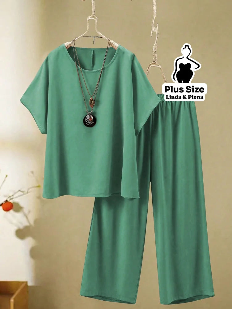 Conjunto Minimalista com Blusa Solta e Calça Reta Plus Size Verde / G Conjunto Minimalista com Blusa Solta e Calça Reta