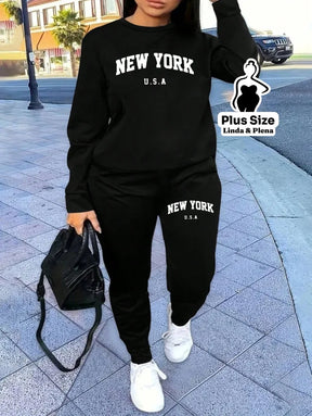 Conjunto Moletom Com Estampa Frontal Plus Size Preto / G Conjunto Moletom Com Estampa Frontal Plus Size