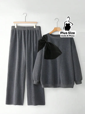 Conjunto Moletom Com Laço Poá No Ombro Plus Size Cinza / G Conjunto Moletom Com Laço Poá No Ombro Plus Size