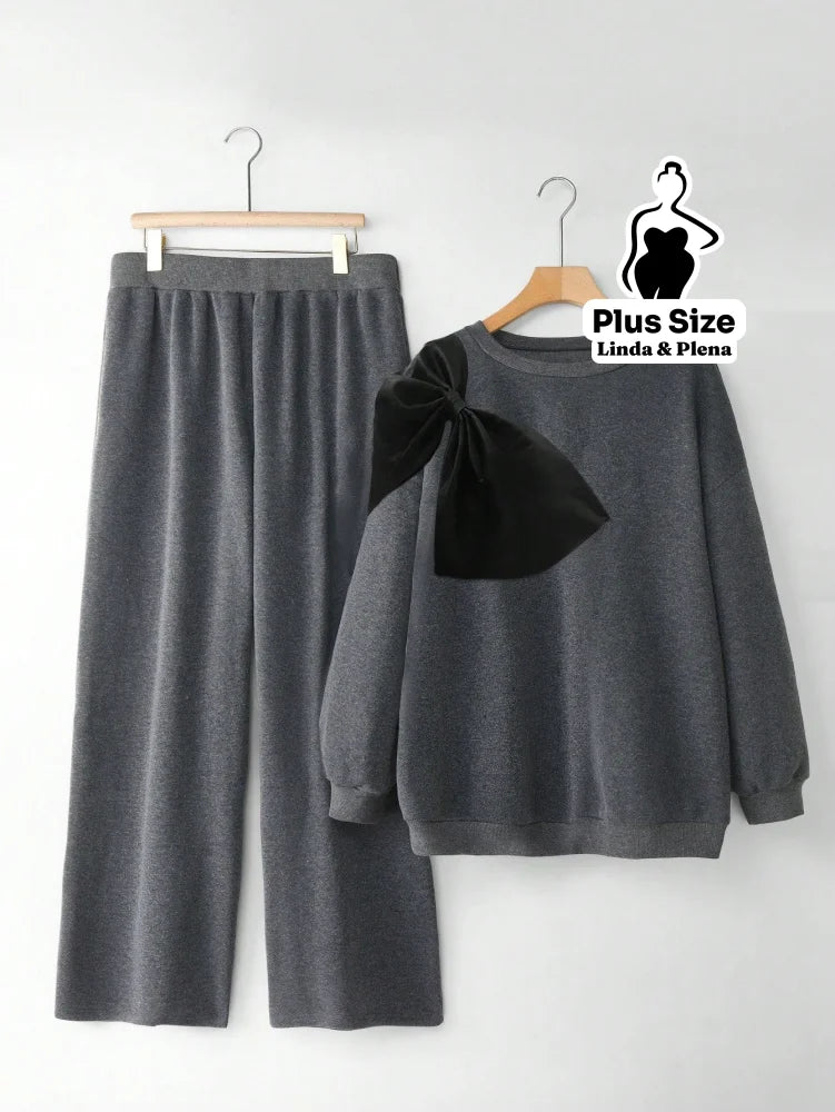 Conjunto Moletom Com Laço Poá No Ombro Plus Size Cinza / G Conjunto Moletom Com Laço Poá No Ombro Plus Size