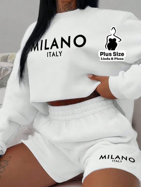 Conjunto Moletom Cropped Estampado E Shortinho Plus Size Branco / G Conjunto Moletom Cropped Estampado E Shortinho Plus