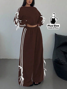 Conjunto Moletom Detalhes Com Faixa Laterais Plus Size Castanho / G Conjunto Moletom Detalhes Com Faixa Laterais Plus