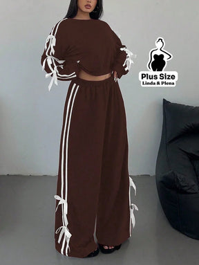 Conjunto Moletom Detalhes Com Faixa Laterais Plus Size Castanho / G Conjunto Moletom Detalhes Com Faixa Laterais Plus