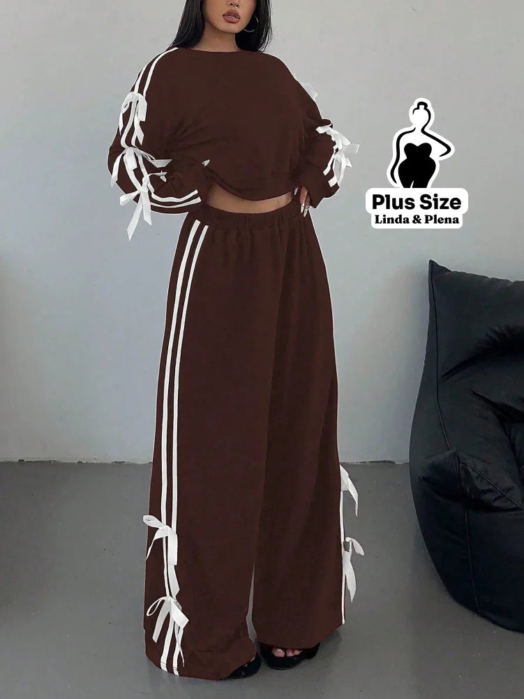Conjunto Moletom Detalhes Com Faixa Laterais Plus Size Castanho / G Conjunto Moletom Detalhes Com Faixa Laterais Plus