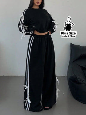 Conjunto Moletom Detalhes Com Faixa Laterais Plus Size Preto / G Conjunto Moletom Detalhes Com Faixa Laterais Plus Size