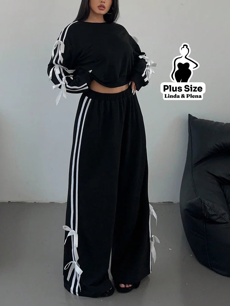 Conjunto Moletom Detalhes Com Faixa Laterais Plus Size Preto / G Conjunto Moletom Detalhes Com Faixa Laterais Plus Size