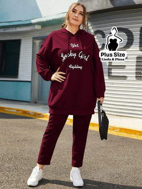 Conjunto Moletom Estampado Com Capuz E Calça Plus Size Vinho / G Conjunto Moletom Estampado Com Capuz E Calça Plus Size