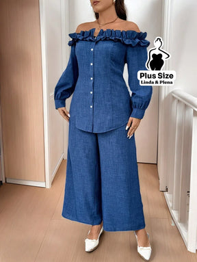 Conjunto Ombro A Ombro Com Babados E Calça Pantalona Plus Size Conjunto Ombro A Ombro Com Babados E Calça Pantalona