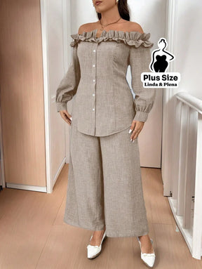 Conjunto Ombro A Ombro Com Babados E Calça Pantalona Plus Size Conjunto Ombro A Ombro Com Babados E Calça Pantalona