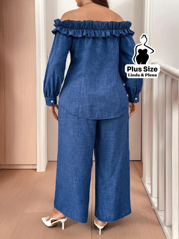 Conjunto Ombro A Ombro Com Babados E Calça Pantalona Plus Size Conjunto Ombro A Ombro Com Babados E Calça Pantalona