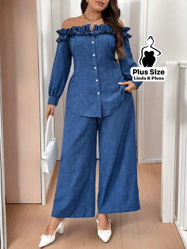 Conjunto Ombro A Ombro Com Babados E Calça Pantalona Plus Size Azul / G Conjunto Ombro A Ombro Com Babados E Calça