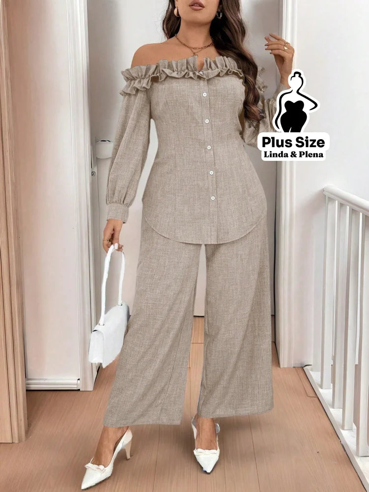 Conjunto Ombro A Ombro Com Babados E Calça Pantalona Plus Size Damasco / G Conjunto Ombro A Ombro Com Babados E Calça