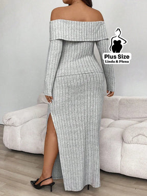 Conjunto Ombro A Ombro Com Botões E Saia Fenda Plus Size Conjunto Ombro A Ombro Com Botões E Saia Fenda Plus Size