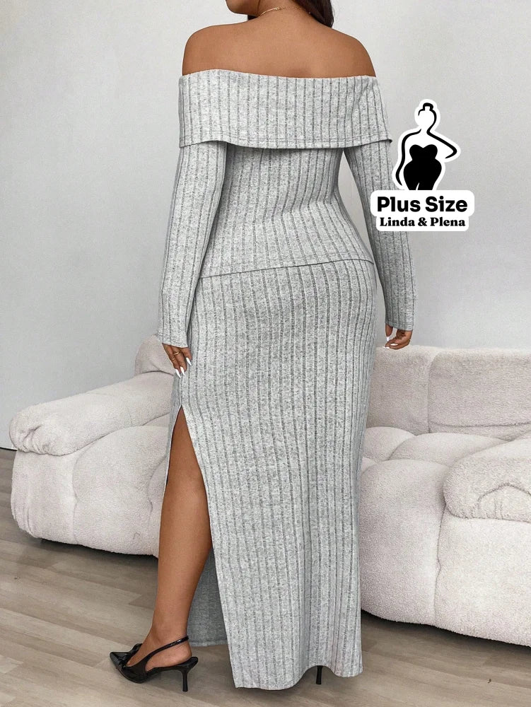 Conjunto Ombro A Ombro Com Botões E Saia Fenda Plus Size Conjunto Ombro A Ombro Com Botões E Saia Fenda Plus Size