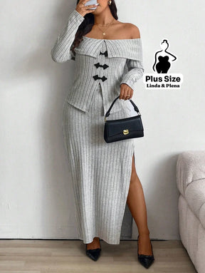 Conjunto Ombro A Ombro Com Botões E Saia Fenda Plus Size Conjunto Ombro A Ombro Com Botões E Saia Fenda Plus Size