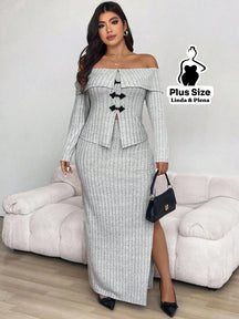 Conjunto Ombro A Ombro Com Botões E Saia Fenda Plus Size G Conjunto Ombro A Ombro Com Botões E Saia Fenda Plus Size