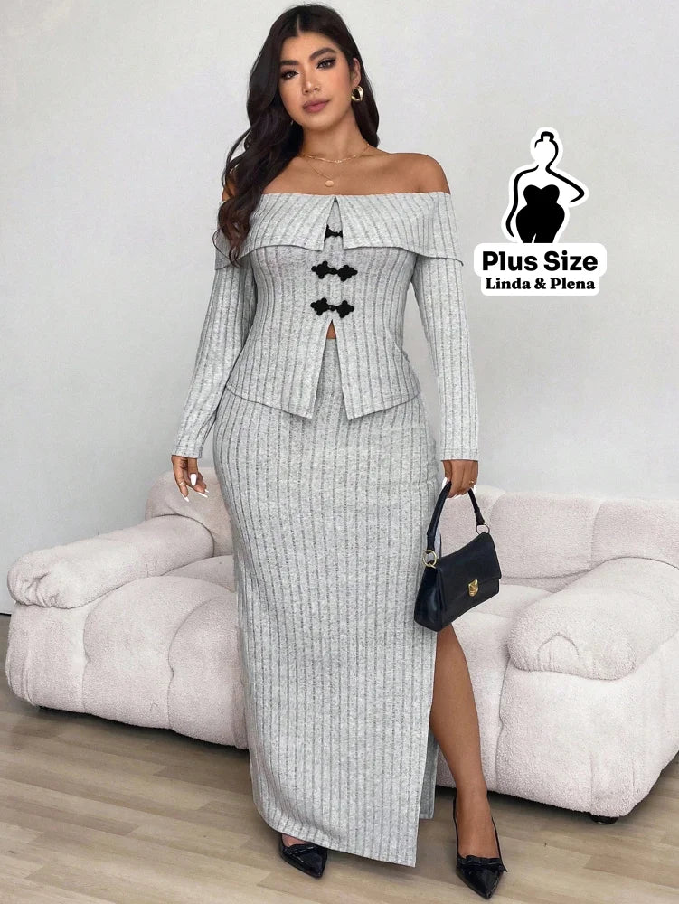 Conjunto Ombro A Ombro Com Botões E Saia Fenda Plus Size G Conjunto Ombro A Ombro Com Botões E Saia Fenda Plus Size