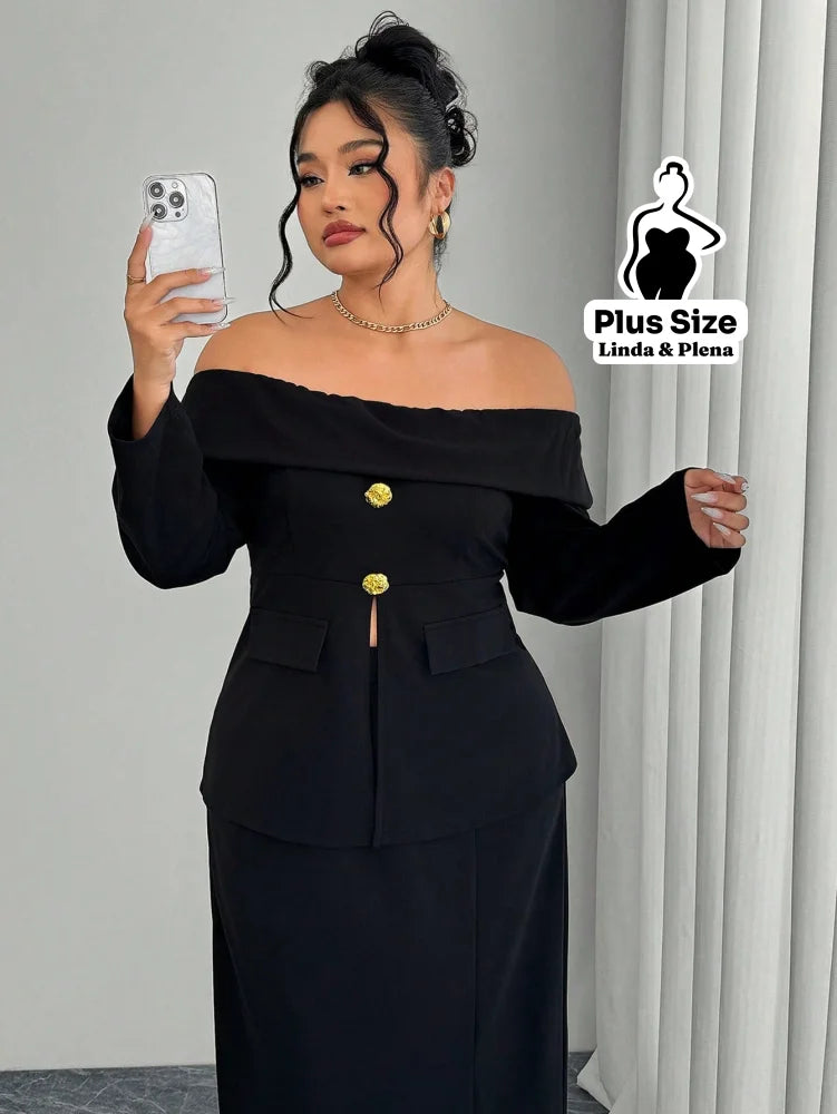 Conjunto Ombro A Ombro Com Botões E Saia Longa Plus Size Conjunto Ombro A Ombro Com Botões E Saia Longa Plus Size