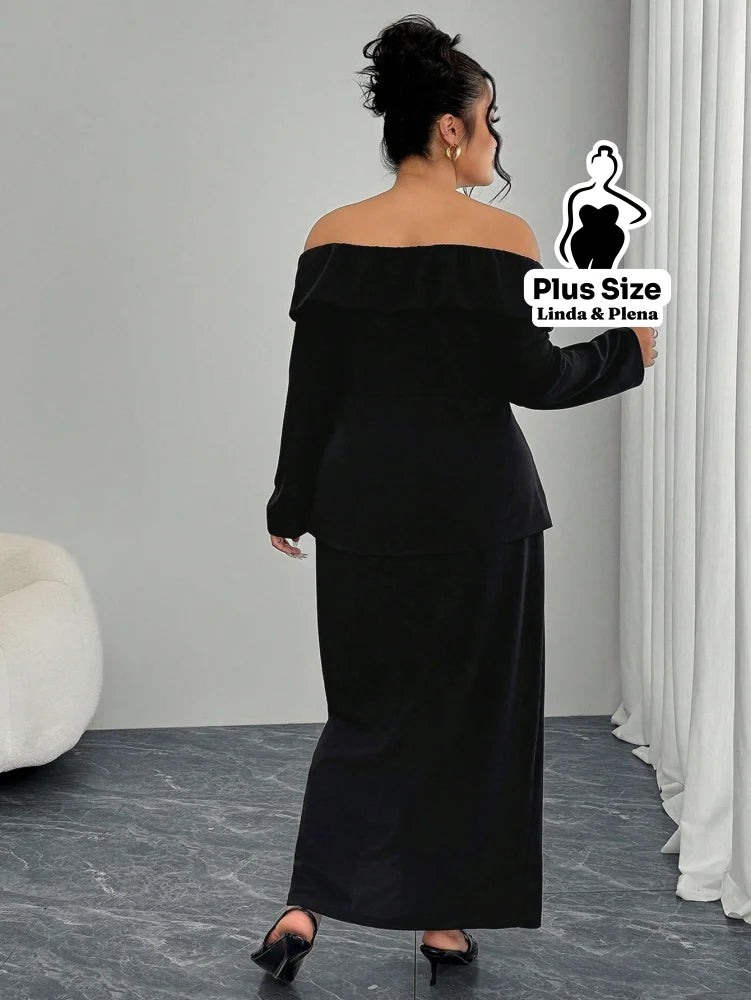 Conjunto Ombro A Ombro Com Botões E Saia Longa Plus Size Conjunto Ombro A Ombro Com Botões E Saia Longa Plus Size