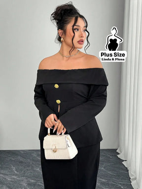 Conjunto Ombro A Ombro Com Botões E Saia Longa Plus Size Conjunto Ombro A Ombro Com Botões E Saia Longa Plus Size