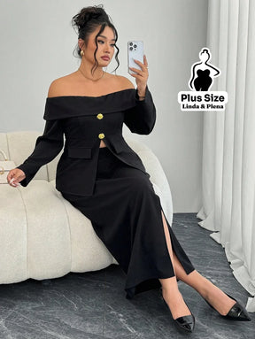 Conjunto Ombro A Ombro Com Botões E Saia Longa Plus Size Conjunto Ombro A Ombro Com Botões E Saia Longa Plus Size