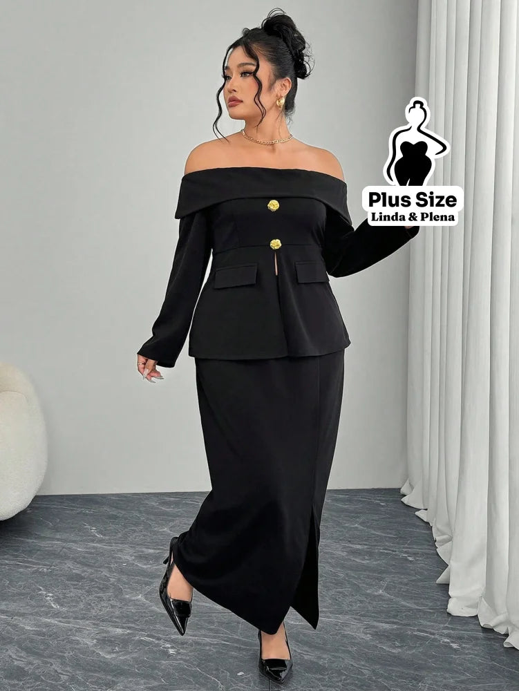 Conjunto Ombro A Ombro Com Botões E Saia Longa Plus Size G Conjunto Ombro A Ombro Com Botões E Saia Longa Plus Size