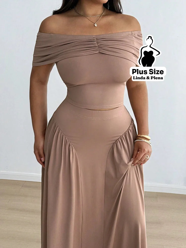 Conjunto Ombro A Ombro Com Pregas E Saia Fluida Plus Size G Conjunto Ombro A Ombro Com Pregas E Saia Fluida Plus Size