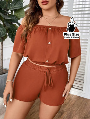Conjunto Ombro A Ombro Com Shorts De Cintura Alta Plus Size Conjunto Ombro A Ombro Com Shorts De Cintura Alta Plus Size