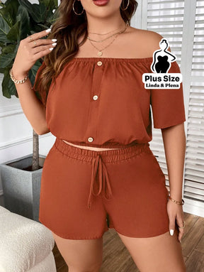 Conjunto Ombro A Ombro Com Shorts De Cintura Alta Plus Size Conjunto Ombro A Ombro Com Shorts De Cintura Alta Plus Size