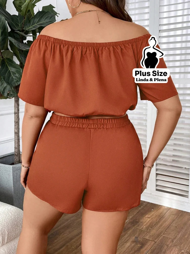 Conjunto Ombro A Ombro Com Shorts De Cintura Alta Plus Size Conjunto Ombro A Ombro Com Shorts De Cintura Alta Plus Size