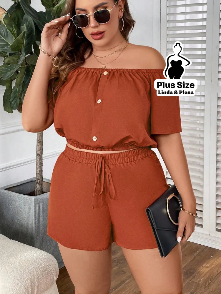 Conjunto Ombro A Ombro Com Shorts De Cintura Alta Plus Size G Conjunto Ombro A Ombro Com Shorts De Cintura Alta Plus