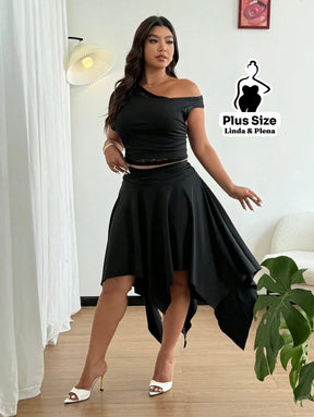 Conjunto Ombro Só Com Detalhe Renda E Saia Assimétrica Plus Size Conjunto Ombro Só Com Detalhe Renda E Saia Assimétrica