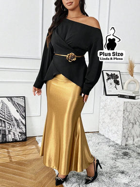 Conjunto Ombro Único Com Cinto Flor E Saia Cetim Plus Size Conjunto Ombro Único Com Cinto Flor E Saia Cetim Plus Size