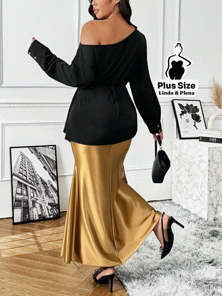 Conjunto Ombro Único Com Cinto Flor E Saia Cetim Plus Size Conjunto Ombro Único Com Cinto Flor E Saia Cetim Plus Size
