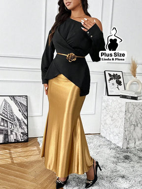 Conjunto Ombro Único Com Cinto Flor E Saia Cetim Plus Size Conjunto Ombro Único Com Cinto Flor E Saia Cetim Plus Size