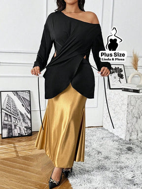 Conjunto Ombro Único Com Cinto Flor E Saia Cetim Plus Size Conjunto Ombro Único Com Cinto Flor E Saia Cetim Plus Size