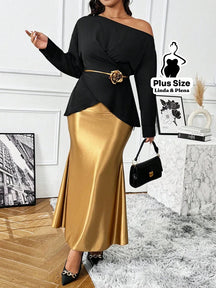 Conjunto Ombro Único Com Cinto Flor E Saia Cetim Plus Size G Conjunto Ombro Único Com Cinto Flor E Saia Cetim Plus Size